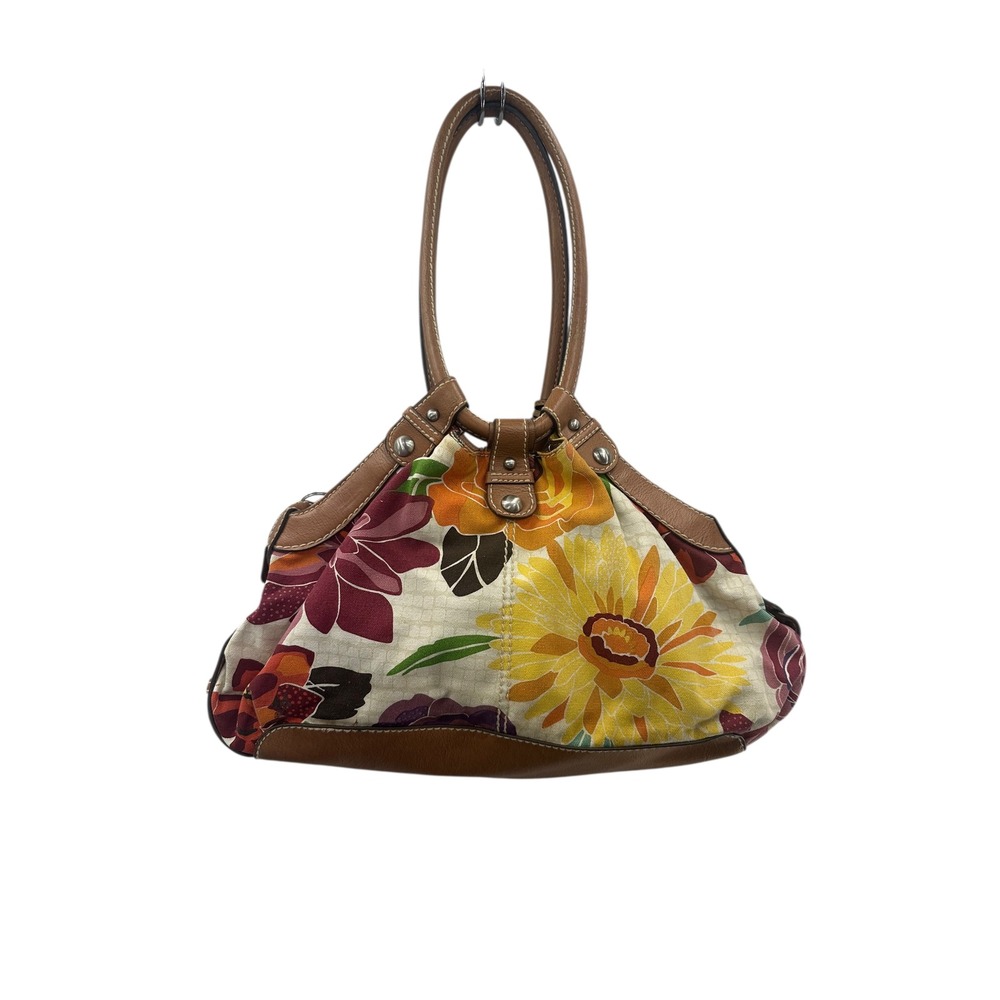 Fossil Floral Print Canvas Handbag Purse Satchel Brown Leather Trim - Picture 2 of 13